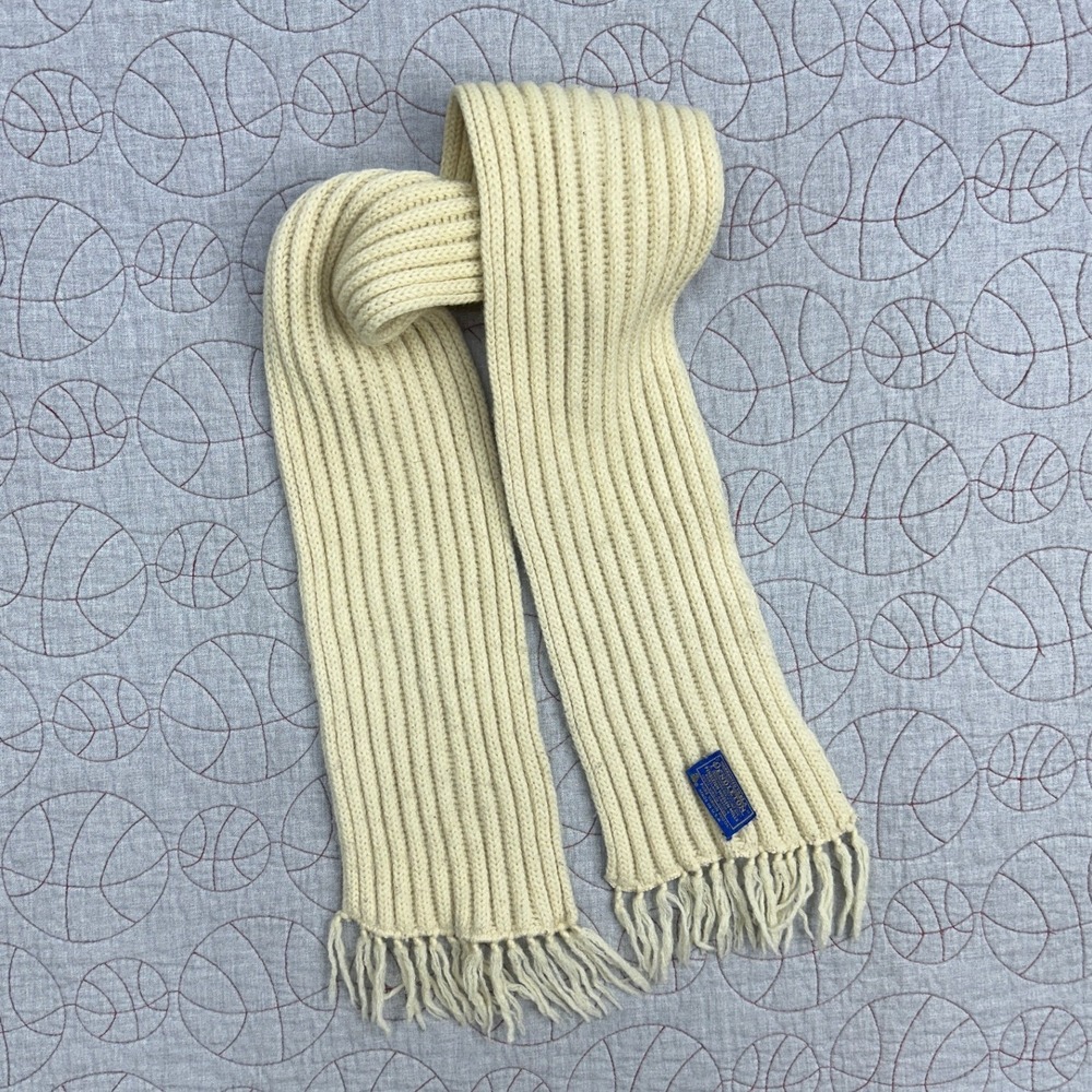 Pendleton Scarf‎ Cream Ribbed Knit Virgin Wool Fringe / Unisex One Size